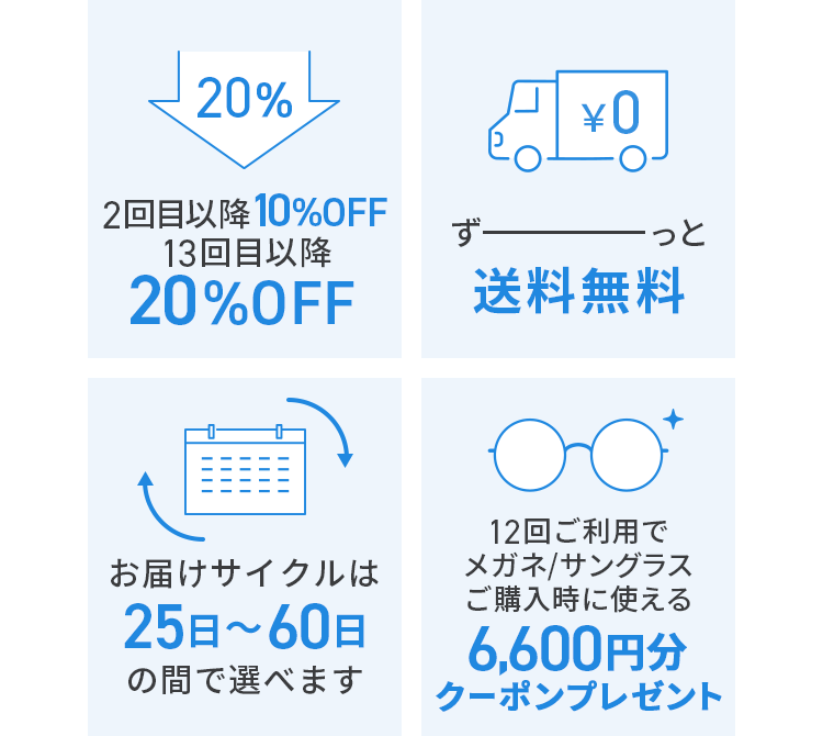 [2回目以降10%OFF、13回目以降20%OFF] [ずっと送料無料] [お届けサイクルは25日～60日の間で選べます] [12回ご利用でメガネ/サングラスご購入時に使える6,600円分クーポンプレゼント]