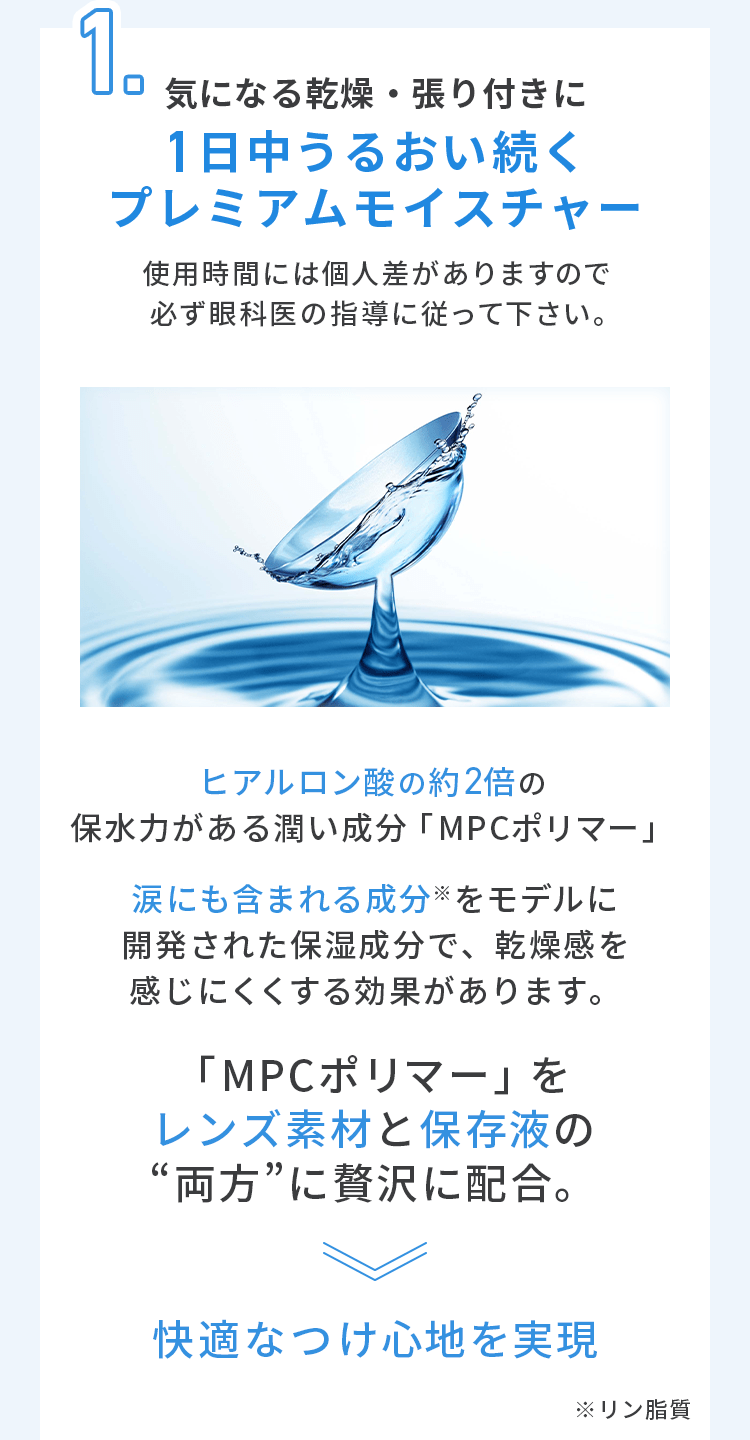 1．気になる乾燥・張り付きに。1日中うるおい続くプレミアムモイスチャー。使用時間には個人差がありますので必ず眼科医の指導に従って下さい。ヒアルロン酸の約2倍の保水力がある潤い成分「MPCポリマー」。涙にも含まれる成分※をモデルに開発された保湿成分で、乾燥感を感じにくくする効果があります。「MCPポリマー」をレンズ素材と保存液の“両方”に贅沢に配合。快適なつけ心地を実現。