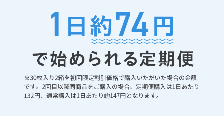 1日約74円で始められる定期便。※30枚入り2箱を初回限定割引価格で購入いただいた場合の金額です。2回目以降同商品をご購入の場合、定期便購入は1日あたり132円、通常購入は1日あたり約147円となります。