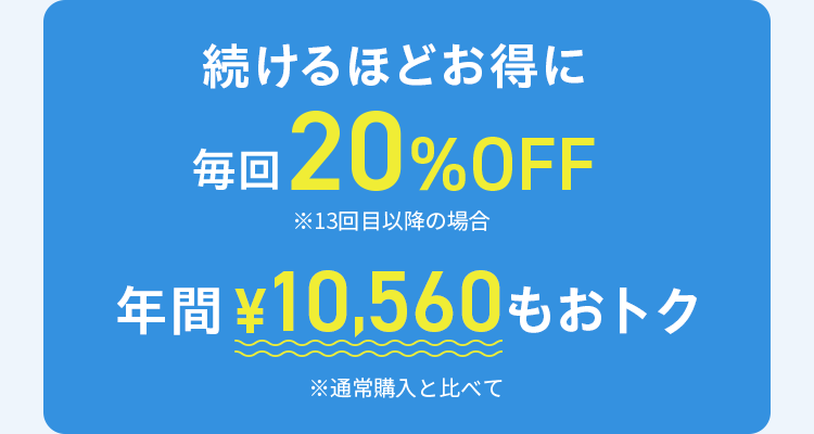 続けるほどお得に。毎回20%OFF※13回目以降の場合。年間¥10,560もおトク※通常購入と比べて