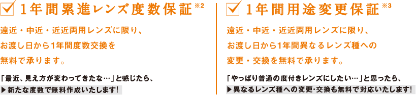 1年間累進レンズ度数保証 1年間用途変更保証