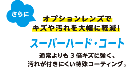 さらにオプションレンズでキズや汚れを大幅に軽減!スーパーハード・コート|通常よりも3倍キズに強く、汚れが付きにくい特殊コーティング。