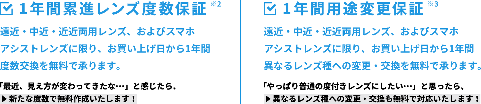 1年間累進レンズ度数保証 1年間用途変更保証