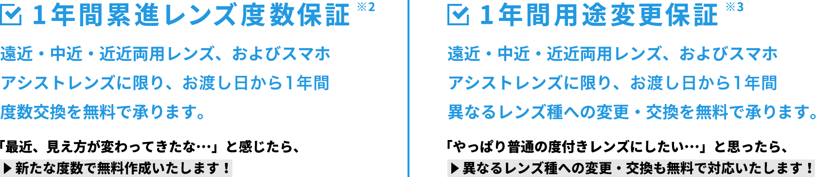 1年間累進レンズ度数保証 1年間用途変更保証