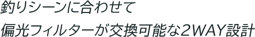 釣りシーンに合わせて偏光フィルターが交換可能な2WAY設計