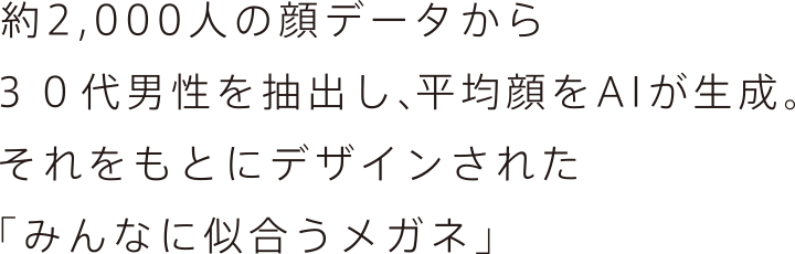 約2,000人の顔データから30代男性を抽出し、平均顔をAIが生成。それをもとにデザインされた「みんなに似合うメガネ」